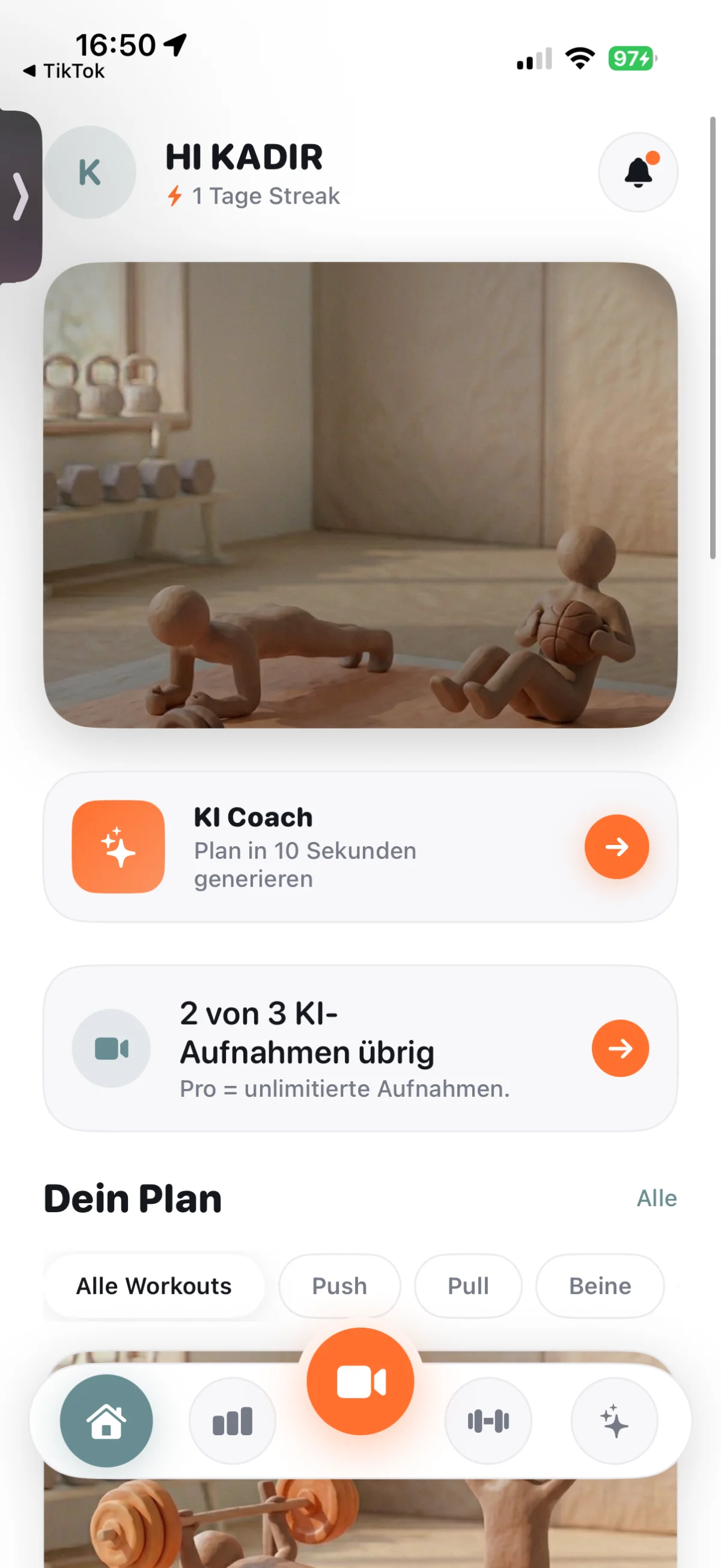 Gym-Log Home-Screen mit KI-Coach und Trainingsplan