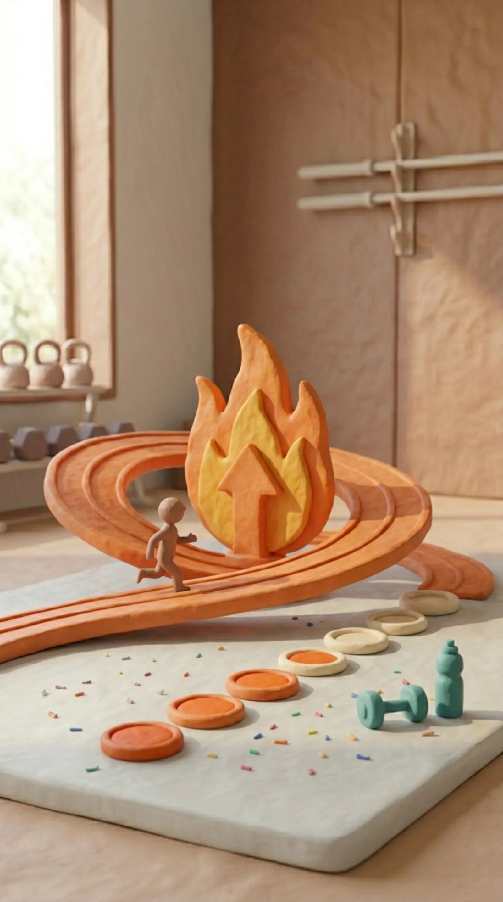 Ton-Figur läuft auf Bahn mit Flamme